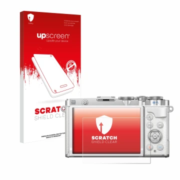 Parte frontale di una confezione del prodotto con il logo del marchio upscreen. Accanto è raffigurato il dispositivo Olympus P