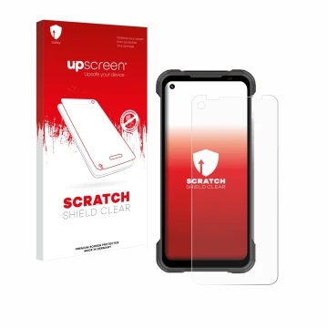 Parte frontale di una confezione del prodotto con il logo del marchio upscreen. Accanto è raffigurato il dispositivo Doogee S9