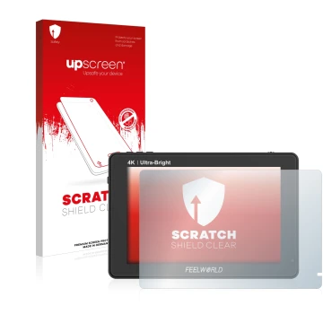 Parte frontale di una confezione del prodotto con il logo del marchio upscreen. Accanto è raffigurato il dispositivo Feelworld