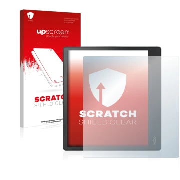 Parte frontale di una confezione del prodotto con il logo del marchio upscreen. Accanto è raffigurato il dispositivo Kobo Elip