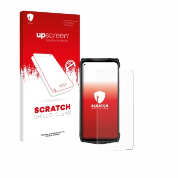 Parte frontale di una confezione del prodotto con il logo del marchio upscreen. Accanto è raffigurato il dispositivo Ulefone P