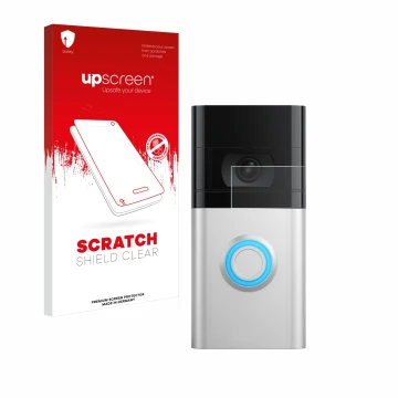Parte frontale di una confezione del prodotto con il logo del marchio upscreen. Accanto è raffigurato il dispositivo Ring Vide
