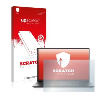 Parte frontale di una confezione del prodotto con il logo del marchio upscreen. Accanto è raffigurato il dispositivo Dell XPS 