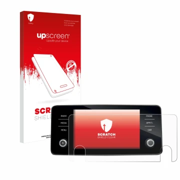 Parte frontale di una confezione del prodotto con il logo del marchio upscreen. Accanto è raffigurato il dispositivo Skoda Bol