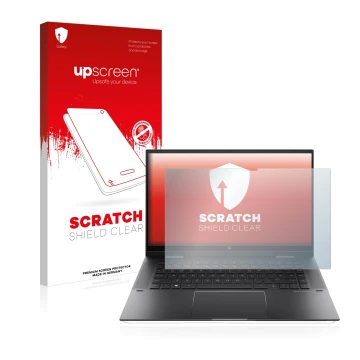 Parte frontale di una confezione del prodotto con il logo del marchio upscreen. Accanto è raffigurato il dispositivo HP Envy x