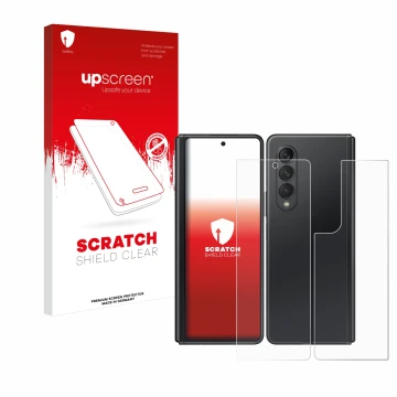 Parte frontale di una confezione del prodotto con il logo del marchio upscreen. Accanto è raffigurato il dispositivo Samsung G