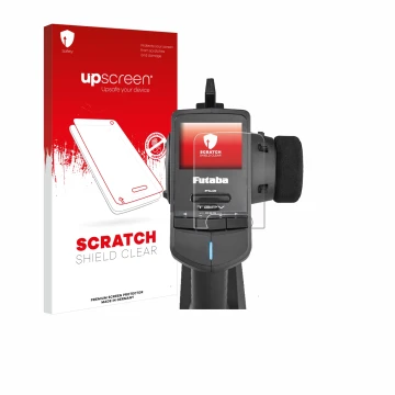 Parte frontale di una confezione del prodotto con il logo del marchio upscreen. Accanto è raffigurato il dispositivo Futaba T3