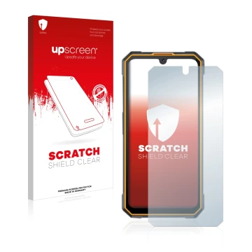 Parte frontale di una confezione del prodotto con il logo del marchio upscreen. Accanto è raffigurato il dispositivo Cubot Kin