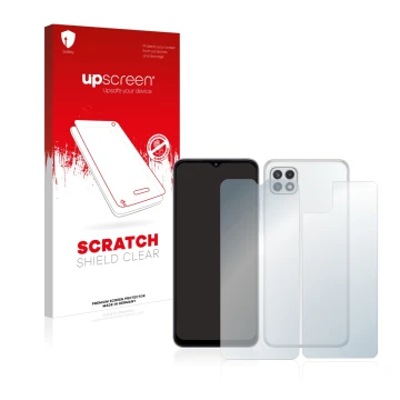 Parte frontale di una confezione del prodotto con il logo del marchio upscreen. Accanto è raffigurato il dispositivo Samsung G