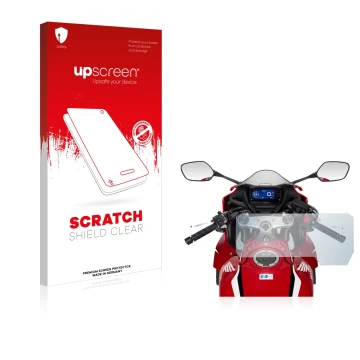 Parte frontale di una confezione del prodotto con il logo del marchio upscreen. Accanto è raffigurato il dispositivo Honda CBR