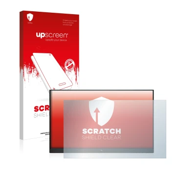 Parte frontale di una confezione del prodotto con il logo del marchio upscreen. Accanto è raffigurato il dispositivo HP E24i G