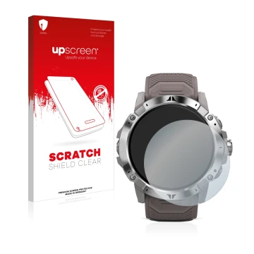 Parte frontale di una confezione del prodotto con il logo del marchio upscreen. Accanto è raffigurato il dispositivo Coros Ver