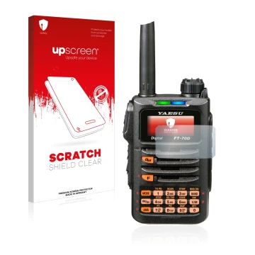 Parte frontale di una confezione del prodotto con il logo del marchio upscreen. Accanto è raffigurato il dispositivo Yaesu FT-