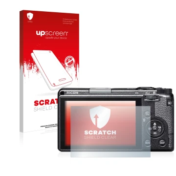 Parte frontale di una confezione del prodotto con il logo del marchio upscreen. Accanto è raffigurato il dispositivo Ricoh GR 