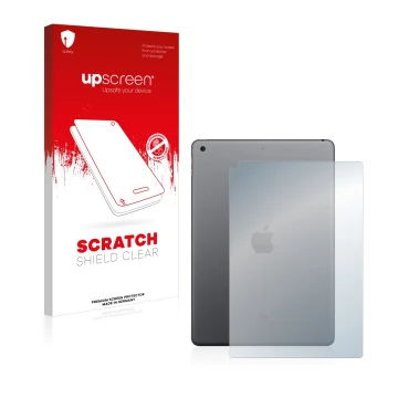 Parte frontale di una confezione del prodotto con il logo del marchio upscreen. Accanto è raffigurato il dispositivo Apple iPa