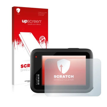 Parte frontale di una confezione del prodotto con il logo del marchio upscreen. Accanto è raffigurato il dispositivo GoPro Her