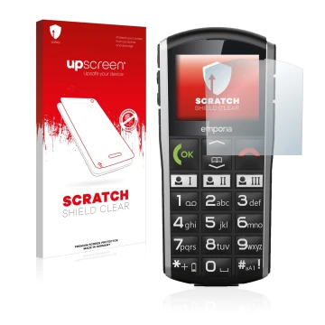 Parte frontale di una confezione del prodotto con il logo del marchio upscreen. Accanto è raffigurato il dispositivo Emporia S