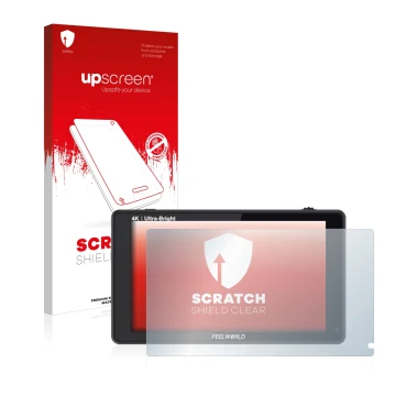 Parte frontale di una confezione del prodotto con il logo del marchio upscreen. Accanto è raffigurato il dispositivo Feelworld