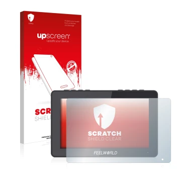 Parte frontale di una confezione del prodotto con il logo del marchio upscreen. Accanto è raffigurato il dispositivo Feelworld