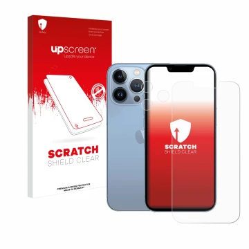 Parte frontale di una confezione del prodotto con il logo del marchio upscreen. Accanto è raffigurato il dispositivo Apple iPh