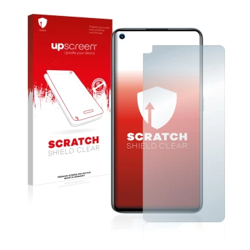 Parte frontale di una confezione del prodotto con il logo del marchio upscreen. Accanto è raffigurato il dispositivo realme GT