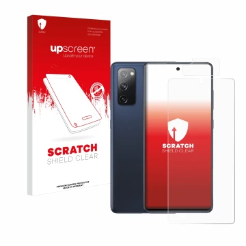 Parte frontale di una confezione del prodotto con il logo del marchio upscreen. Accanto è raffigurato il dispositivo Samsung G