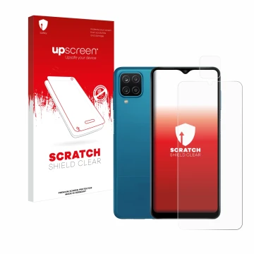 Parte frontale di una confezione del prodotto con il logo del marchio upscreen. Accanto è raffigurato il dispositivo Samsung G