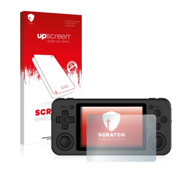 Parte frontale di una confezione del prodotto con il logo del marchio upscreen. Accanto è raffigurato il dispositivo Anbernic 