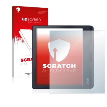 Parte frontale di una confezione del prodotto con il logo del marchio upscreen. Accanto è raffigurato il dispositivo Kobo Sage