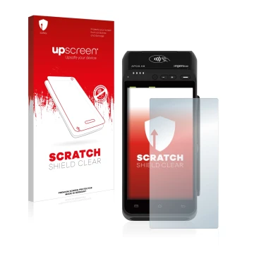 Parte frontale di una confezione del prodotto con il logo del marchio upscreen. Accanto è raffigurato il dispositivo ingenico 