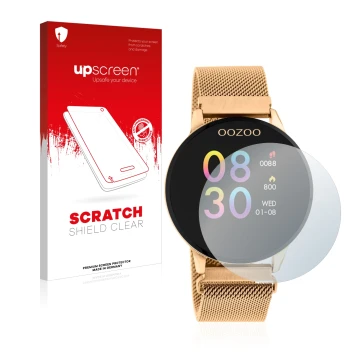 Parte frontale di una confezione del prodotto con il logo del marchio upscreen. Accanto è raffigurato il dispositivo Oozoo Q00