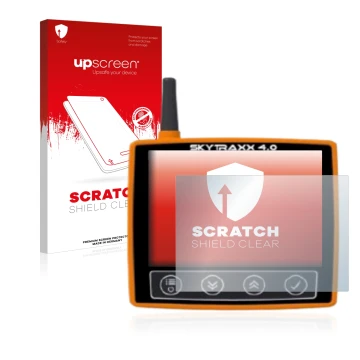 Parte frontale di una confezione del prodotto con il logo del marchio upscreen. Accanto è raffigurato il dispositivo Skytraxx 
