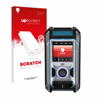 Parte frontale di una confezione del prodotto con il logo del marchio upscreen. Accanto è raffigurato il dispositivo Makita DM