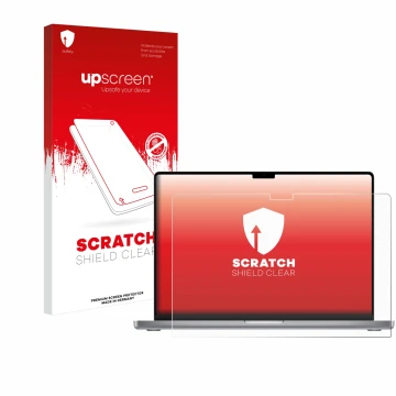 Parte frontale di una confezione del prodotto con il logo del marchio upscreen. Accanto è raffigurato il dispositivo Apple Mac