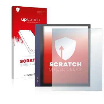Parte frontale di una confezione del prodotto con il logo del marchio upscreen. Accanto è raffigurato il dispositivo Boox Note