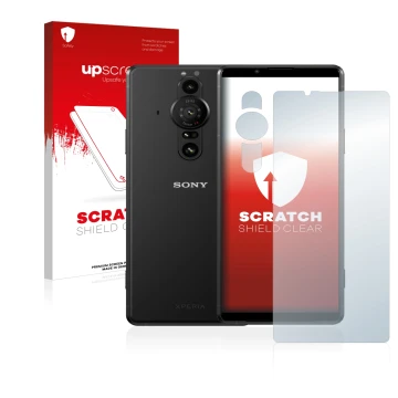 Parte frontale di una confezione del prodotto con il logo del marchio upscreen. Accanto è raffigurato il dispositivo Sony Xper