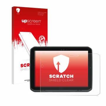 Parte frontale di una confezione del prodotto con il logo del marchio upscreen. Accanto è raffigurato il dispositivo Zebra ET8