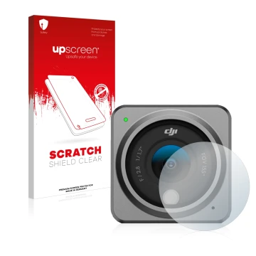 Parte frontale di una confezione del prodotto con il logo del marchio upscreen. Accanto è raffigurato il dispositivo DJI Actio