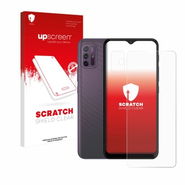 Parte frontale di una confezione del prodotto con il logo del marchio upscreen. Accanto è raffigurato il dispositivo Motorola 