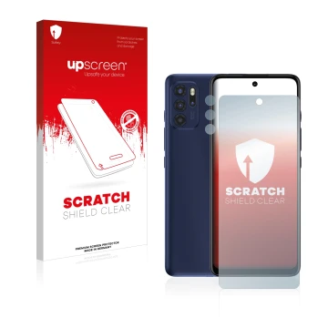 Parte frontale di una confezione del prodotto con il logo del marchio upscreen. Accanto è raffigurato il dispositivo Motorola 