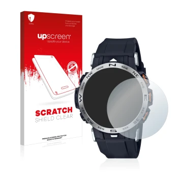 Parte frontale di una confezione del prodotto con il logo del marchio upscreen. Accanto è raffigurato il dispositivo Casio Pro