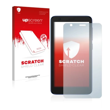 Parte frontale di una confezione del prodotto con il logo del marchio upscreen. Accanto è raffigurato il dispositivo ZTE Blade