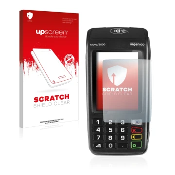 Parte frontale di una confezione del prodotto con il logo del marchio upscreen. Accanto è raffigurato il dispositivo ingenico 