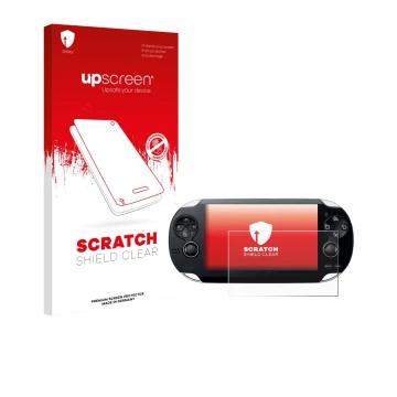 Parte frontale di una confezione del prodotto con il logo del marchio upscreen. Accanto è raffigurato il dispositivo Sony Play