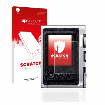 Parte frontale di una confezione del prodotto con il logo del marchio upscreen. Accanto è raffigurato il dispositivo Fujifilm 