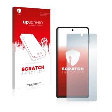 Parte frontale di una confezione del prodotto con il logo del marchio upscreen. Accanto è raffigurato il dispositivo Motorola 