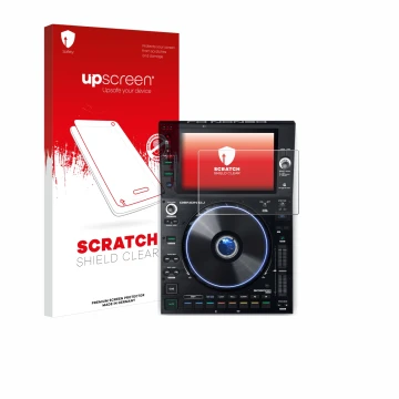 Parte frontale di una confezione del prodotto con il logo del marchio upscreen. Accanto è raffigurato il dispositivo Denon DJ 