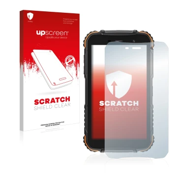 Parte frontale di una confezione del prodotto con il logo del marchio upscreen. Accanto è raffigurato il dispositivo Doogee S3