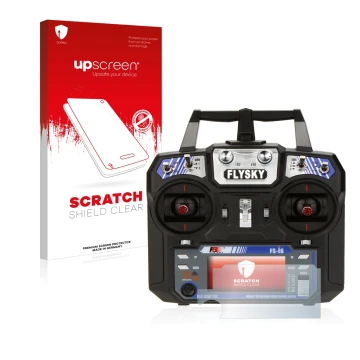 Parte frontale di una confezione del prodotto con il logo del marchio upscreen. Accanto è raffigurato il dispositivo FlySky FS