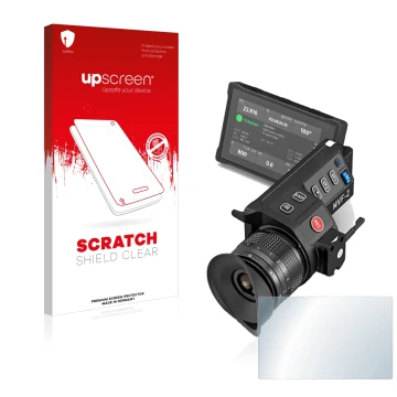 Parte frontale di una confezione del prodotto con il logo del marchio upscreen. Accanto è raffigurato il dispositivo Arri MVF-